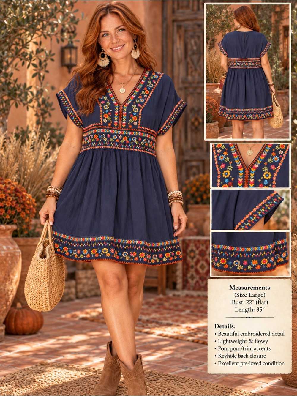 370 Savanna Jane Navy Embroidered V-Neck Short Dress Size Large